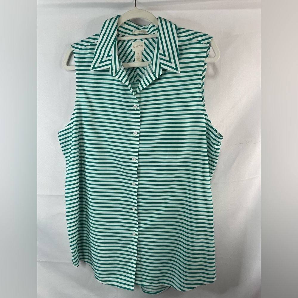Chicos 100% cotton green and white strip blouse. Light weight and wrinkle free